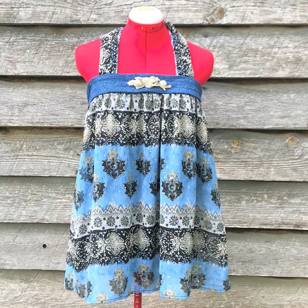 OOAK Upcycled Halter Top Crepe Sequins Denim Long
